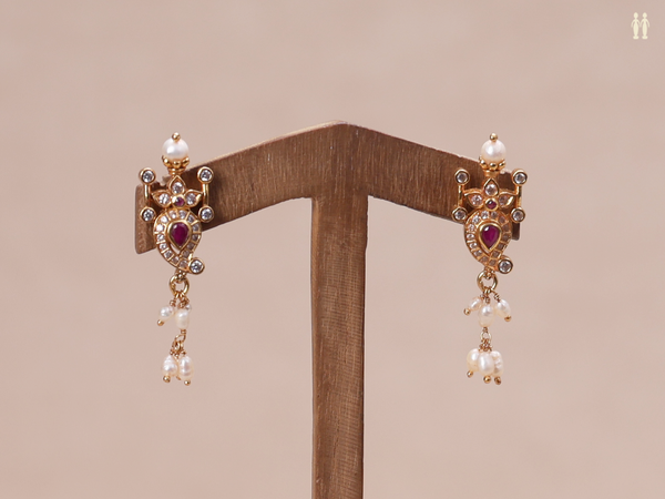 Crystal And Pink Stone Gold Plated Pure Silver Earrings