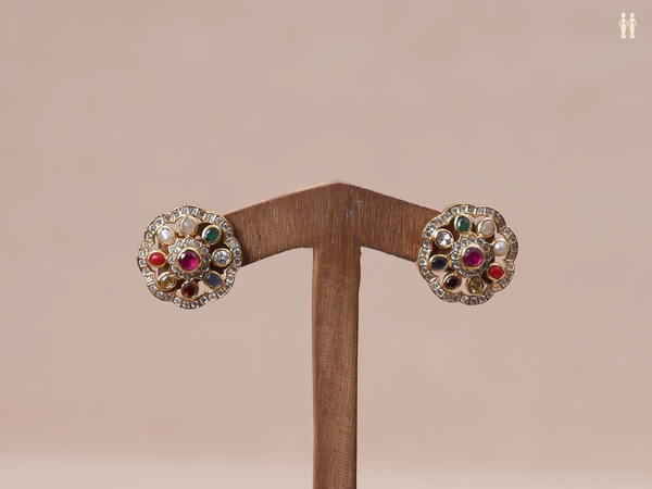 Multicolor Stone Gold Plated Pure Silver Stud Earrings
