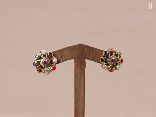 Multicolor Stone Gold Plated Pure Silver Stud Earrings