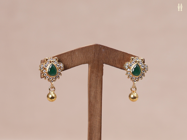 Crystal And Emerald Stone Gold Plated Pure Silver Earrings