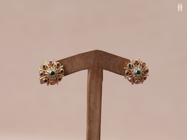 Tri Color Stone Gold Plated Pure Silver Stud Earrings
