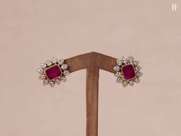Crystal And Pink Stone Gold Plated Pure Silver Stud Earrings