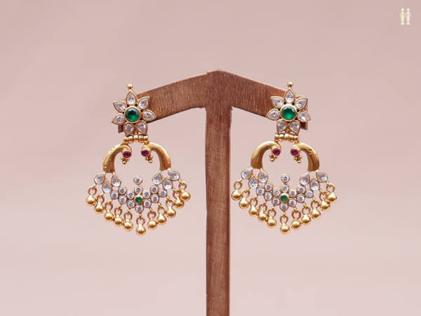 Crystal And Green Stone Gold Plated Pure Silver Earring