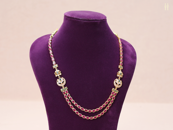 Tri Color Stone Double Layered Gold Plated Silver Necklace