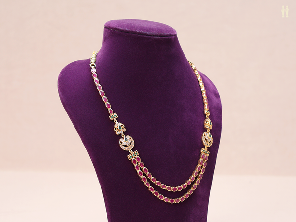 Tri Color Stone Double Layered Gold Plated Silver Necklace