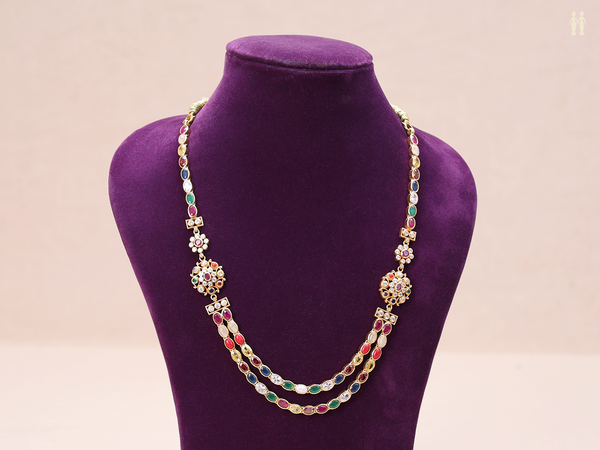 Multicolor Stone Double Layered Gold Plated Silver Necklace