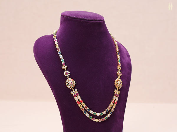 Multicolor Stone Double Layered Gold Plated Silver Necklace