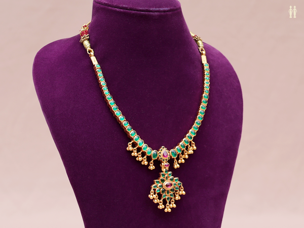 Green And Pink Stone Gold Plated Double Side Silver Necklace