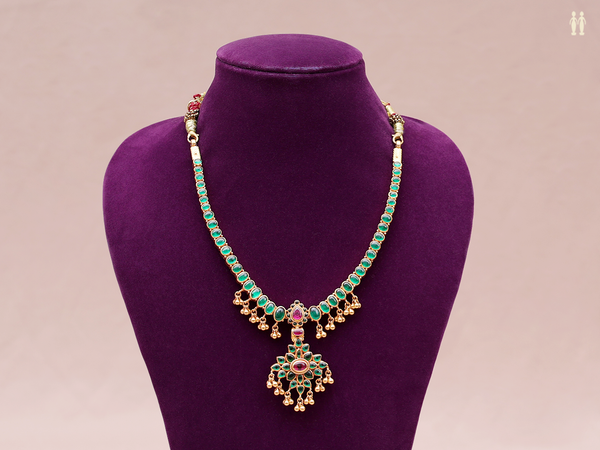 Green And Pink Stone Gold Plated Double Side Silver Necklace