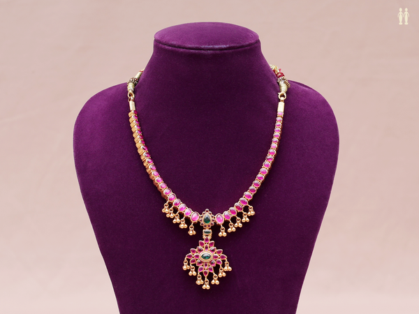 Green And Pink Stone Gold Plated Double Side Silver Necklace