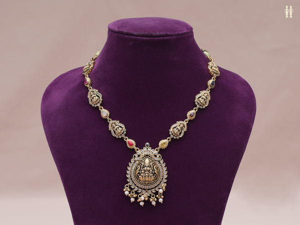 Antique Design With Beads Gold Plated Pure Silver Necklace