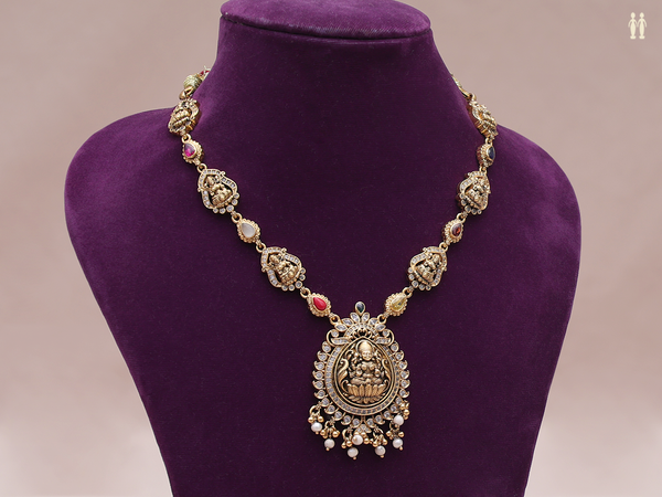 Antique Design With Beads Gold Plated Pure Silver Necklace
