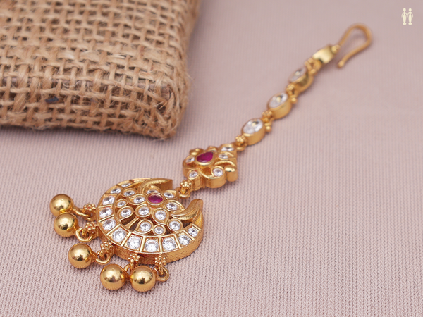 Pink And Crystal Stone Gold Plated Pure Silver Nethi Chutti