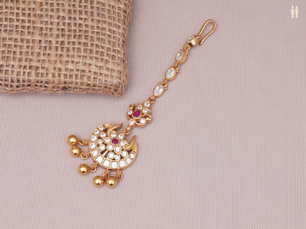 Pink And Crystal Stone Gold Plated Pure Silver Nethi Chutti