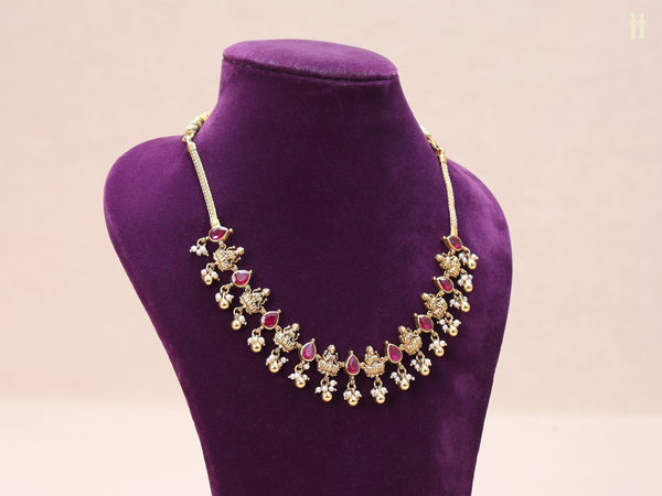 Pink Stone Antique Design Gold Plated Pure Silver Necklace