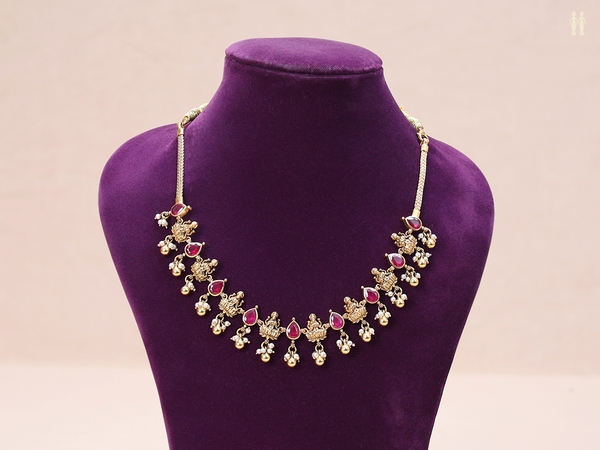 Pink Stone Antique Design Gold Plated Pure Silver Necklace