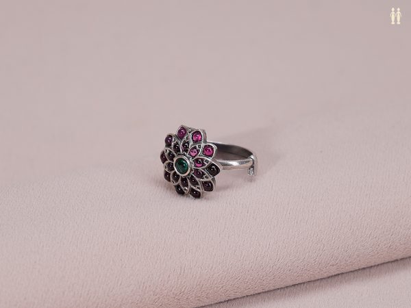 Floral Design With Kemp Stone Pure Silver Adjustable Ring