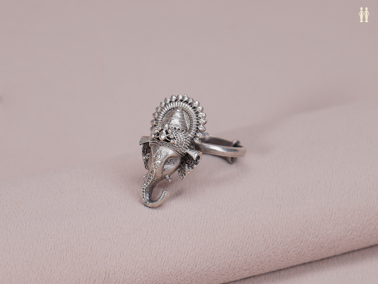 Ganesha Design Pure Silver Adjustable Ring