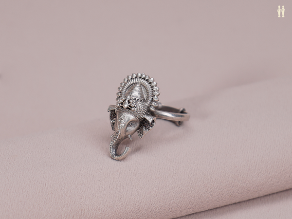 Ganesha Design Pure Silver Adjustable Ring
