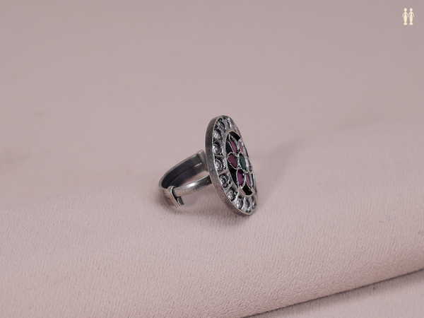 Floral Design With Kemp Stone Pure Silver Adjustable Ring