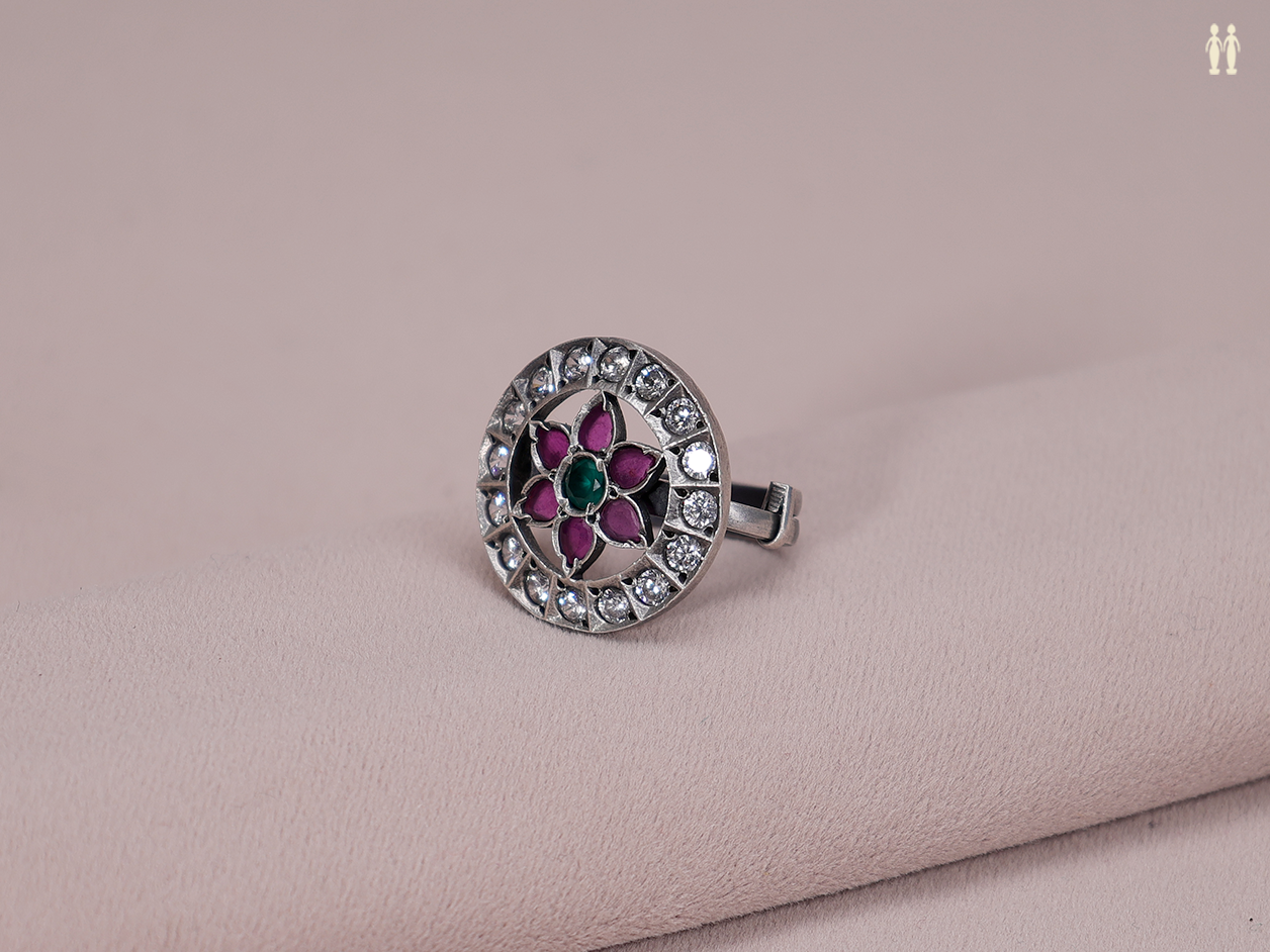 Floral Design With Kemp Stone Pure Silver Adjustable Ring
