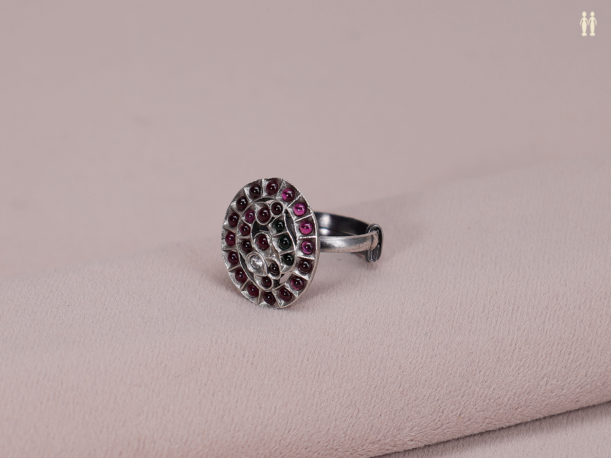 Tri Color Stone Pure Silver Adjustable Ring