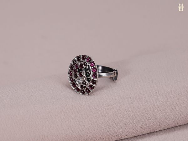 Tri Color Stone Pure Silver Adjustable Ring