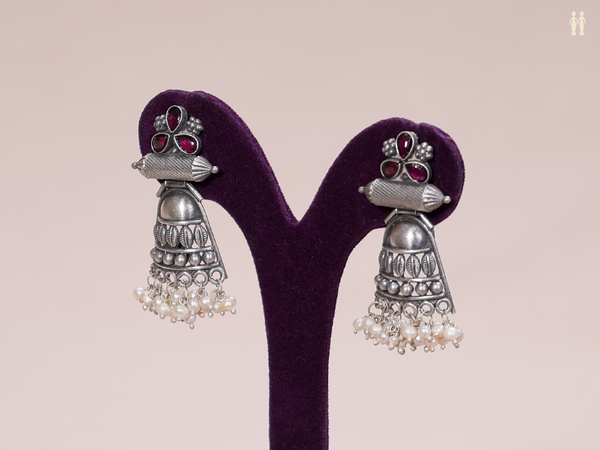Kemp Stone With Beads Oxidized Pure Silver Earrings