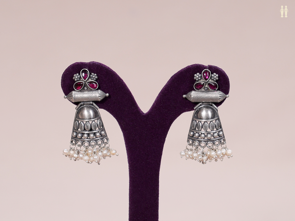 Kemp Stone With Beads Oxidized Pure Silver Earrings