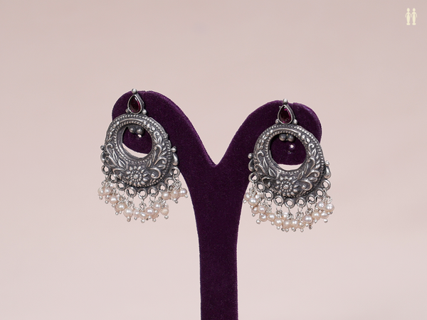 Chandbali Design With Beads Pure Silver Earrings