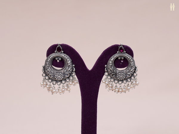 Chandbali Design With Beads Pure Silver Earrings