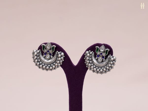 Tri Color Stone Pure Silver Stud Earrings