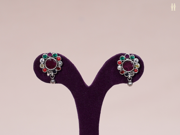 Floral Design With Multicolor Stone Pure Silver Earrings