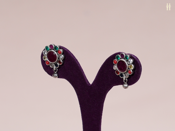 Floral Design With Multicolor Stone Pure Silver Earrings