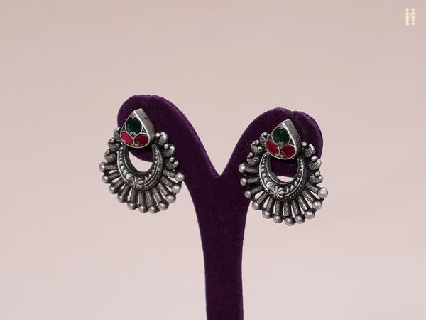 Green And Pink Stone Oxidized Pure Silver Stud Earrings