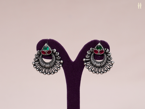 Green And Pink Stone Oxidized Pure Silver Stud Earrings