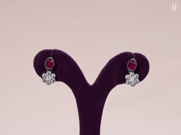 Floral Design With Pink And Crystal Stone Silver Earrings