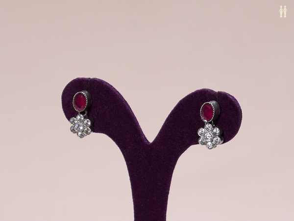 Floral Design With Pink And Crystal Stone Silver Earrings