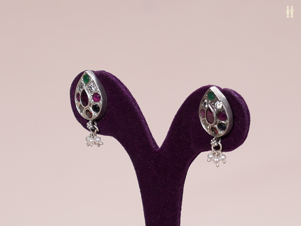 Multicolor Stone With Beads Pure Silver Earrings