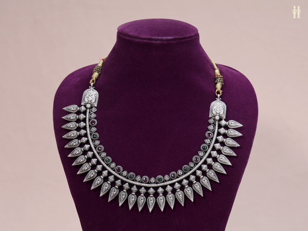 Green And Pink Stone Oxidized Pure Silver Necklace