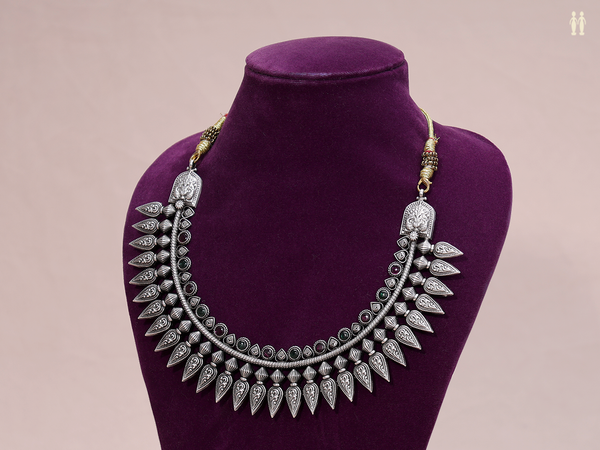 Green And Pink Stone Oxidized Pure Silver Necklace