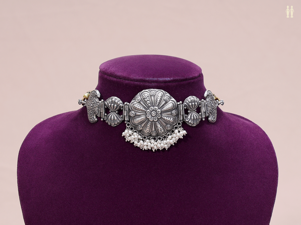 Floral Design With Beads Oxidized Pure Silver Choker