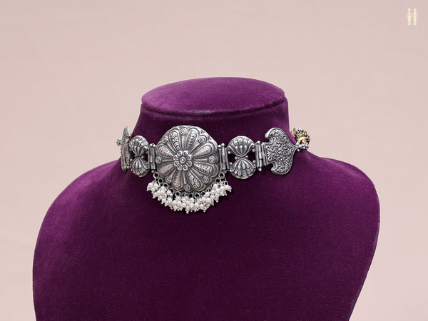 Floral Design With Beads Oxidized Pure Silver Choker