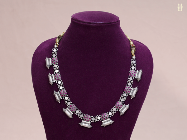 Pink Stone Oxidized Pure Silver Necklace