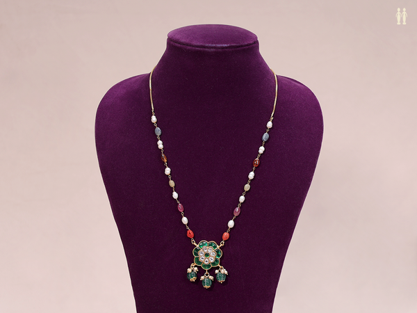 Floral Design With Navaratna Stones Pure Silver Long Necklace