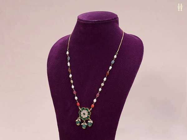 Floral Design With Navaratna Stones Pure Silver Long Necklace