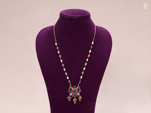 Iruthalai Pakshi Design With Navaratna Stones Silver Long Necklace