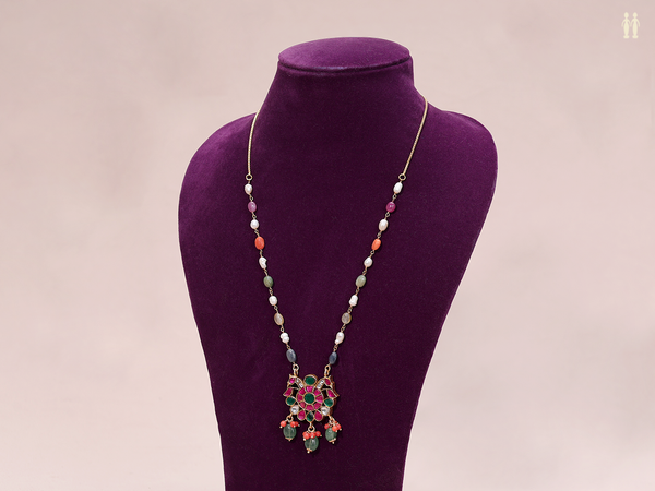 Iruthalai Pakshi Design With Navaratna Stones Silver Long Necklace