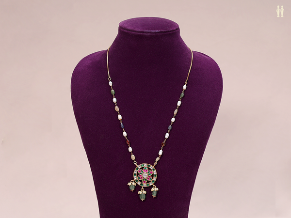 Chakram Design With Navaratna Stones Pure Silver Long Necklace