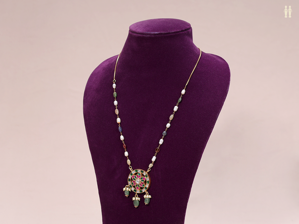 Chakram Design With Navaratna Stones Pure Silver Long Necklace